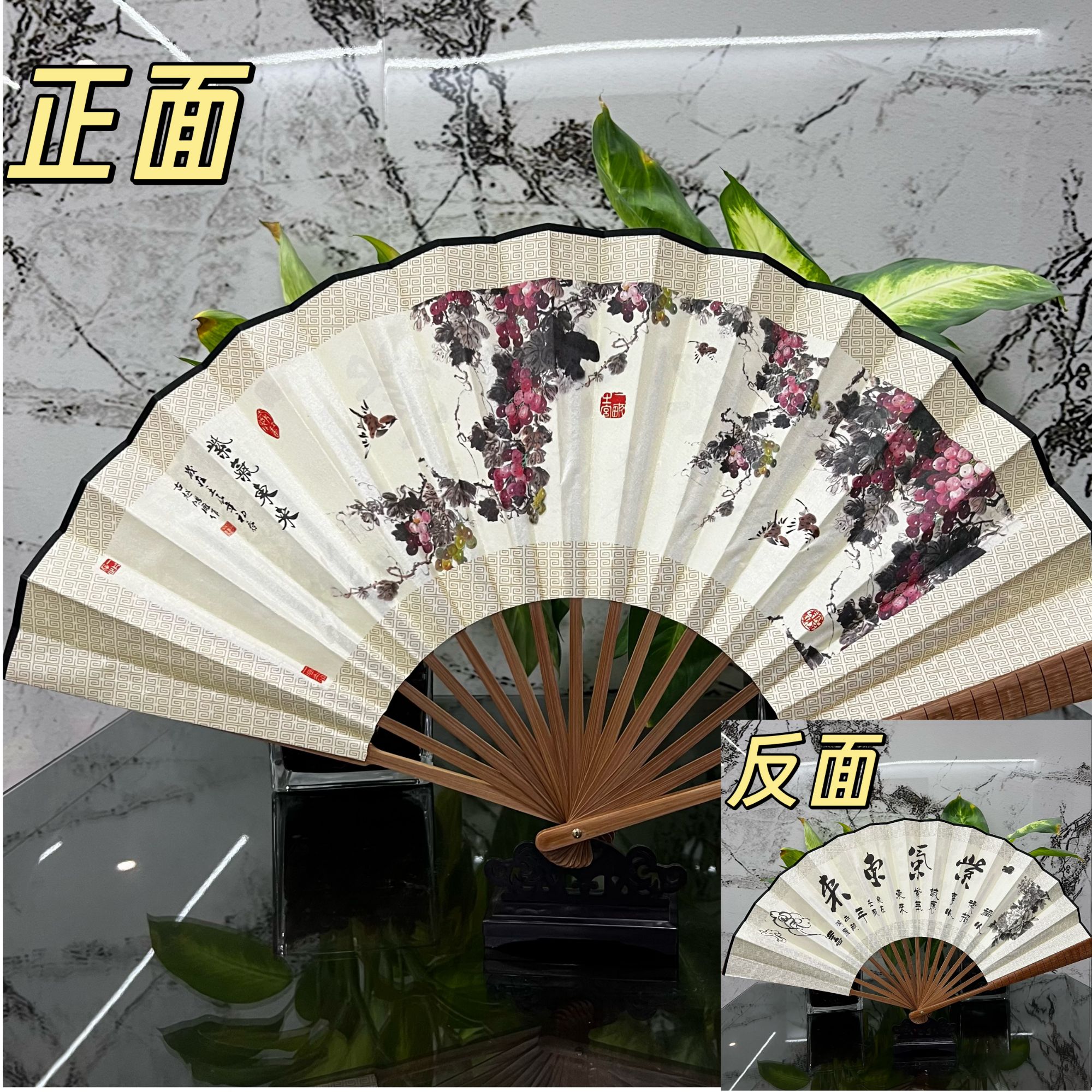 10寸优质头青竹转扇扇子双面绢布折扇古风扇子表演扇道具扇便携扇