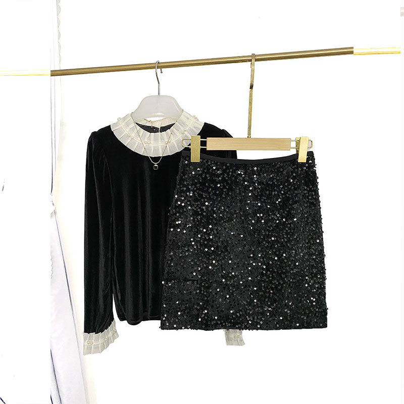简约时尚气质通勤风黑色丝绒亮片短裙秋冬新款高腰显瘦洋气A字裙