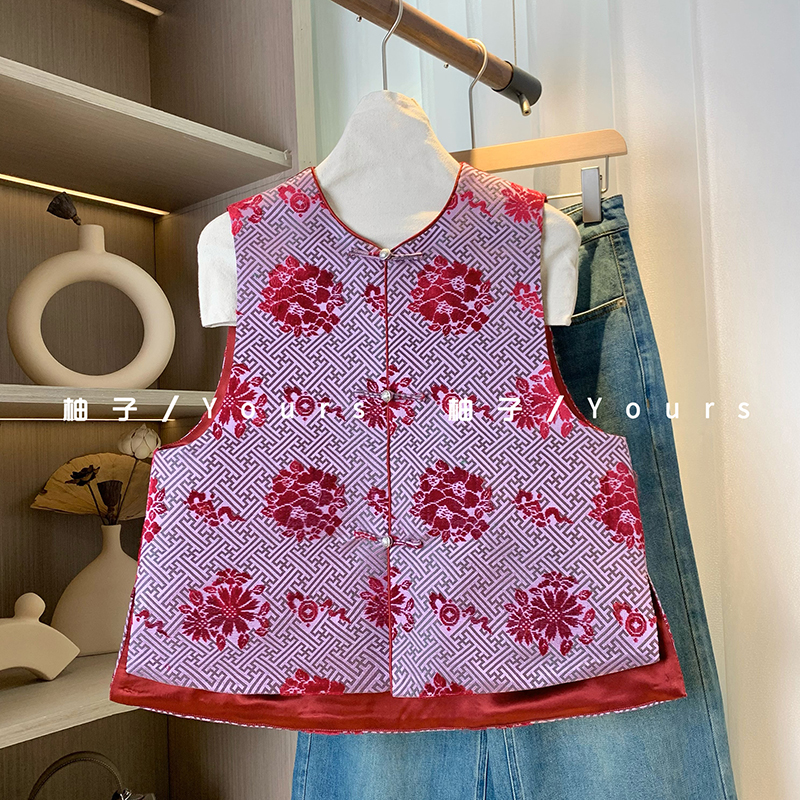 柚子yours【开门红】2025早春100桑蚕丝漳缎足银扣中式圆领马甲女