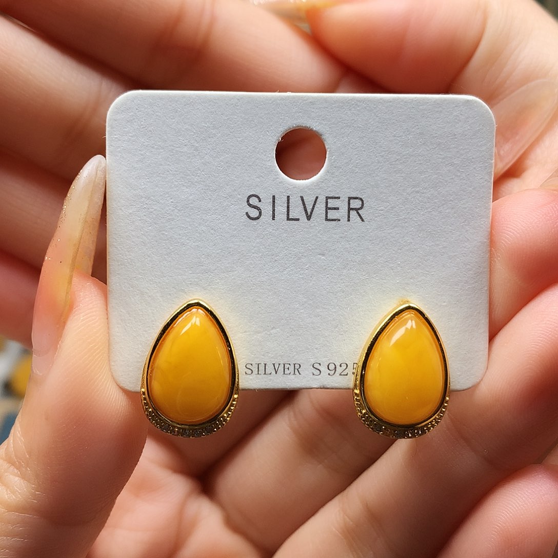 银S925镶嵌蜜蜡耳饰耳钉