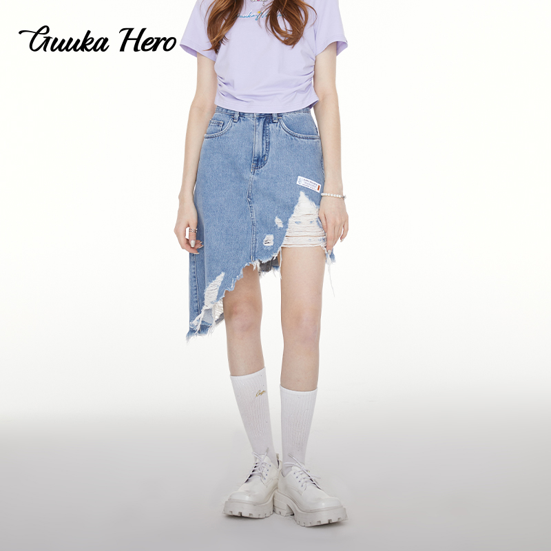 GUUKA HERO牛仔短裙女小众高级感不对称磨破设计包臀斜下摆半身裙