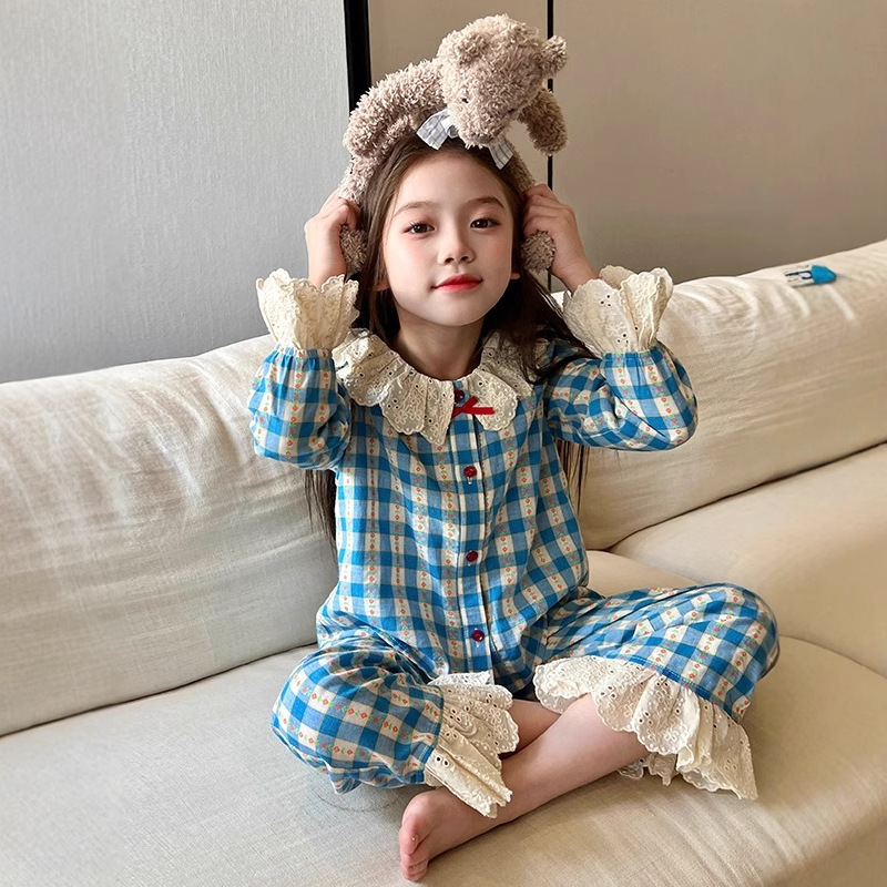 《秋上新》女童蓝色格纹蝴蝶结洋气花边睡衣家居服套装