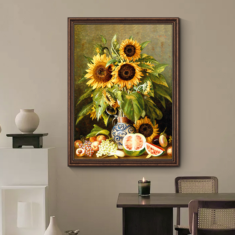 《向日倾》美式复古餐厅装饰画向日葵肌理油画玄关过道挂画卧室壁画