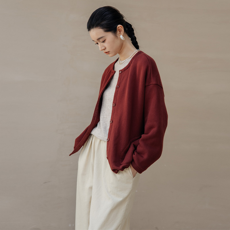 744朵/开襟卫衣新款双纱纯棉摇粒绒安可拉红纯色外套上衣