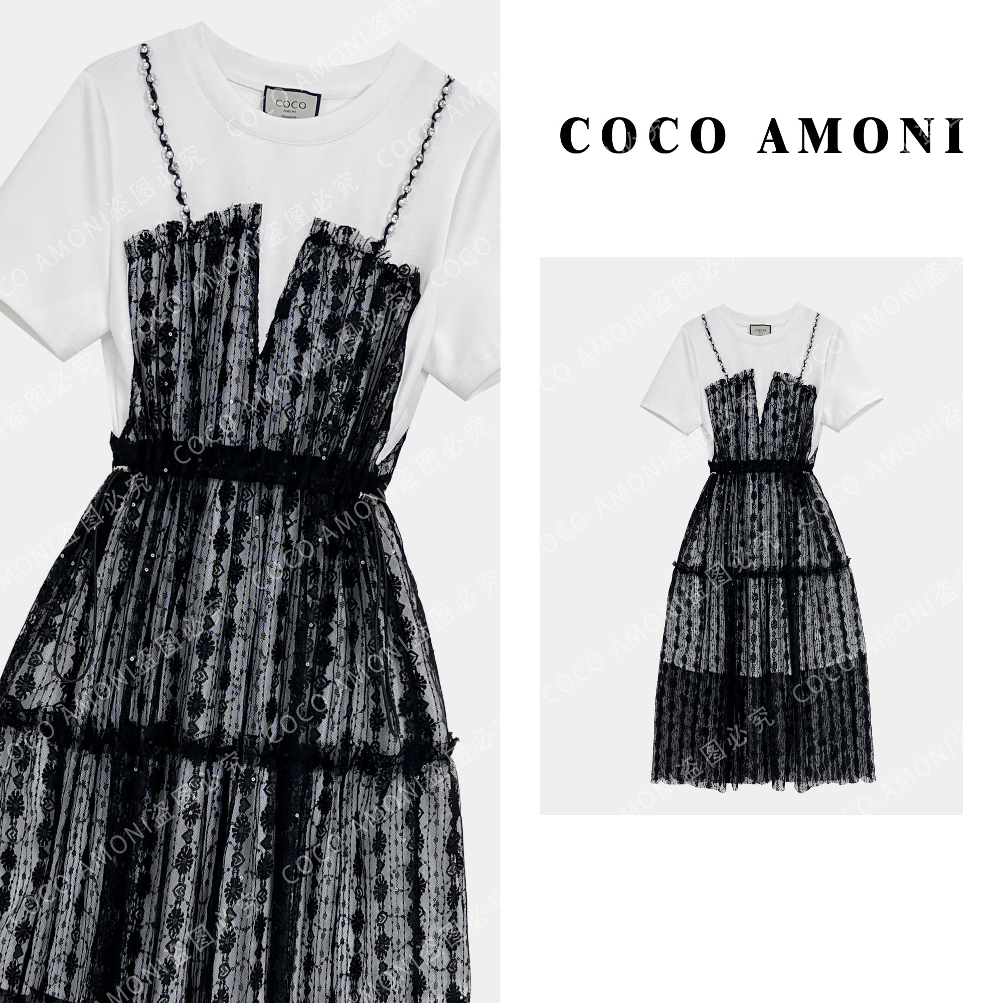 夏日轻奢设计师爆款拼接重工高级感显瘦气质连衣裙ZC258