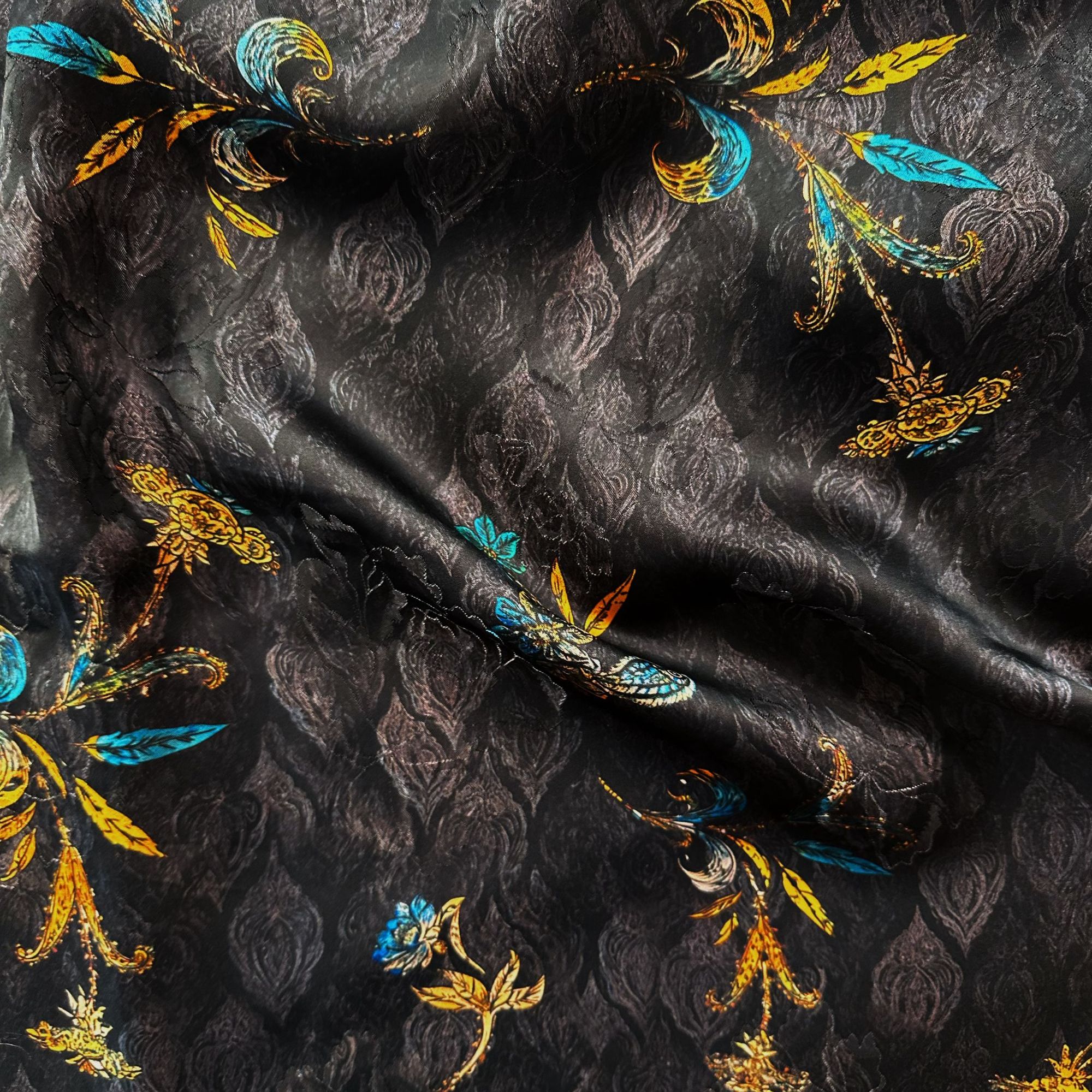 【黑金鸢尾花】布头时装面料花萝香云纱提花绢纺莨纱重磅顺德莨绸
