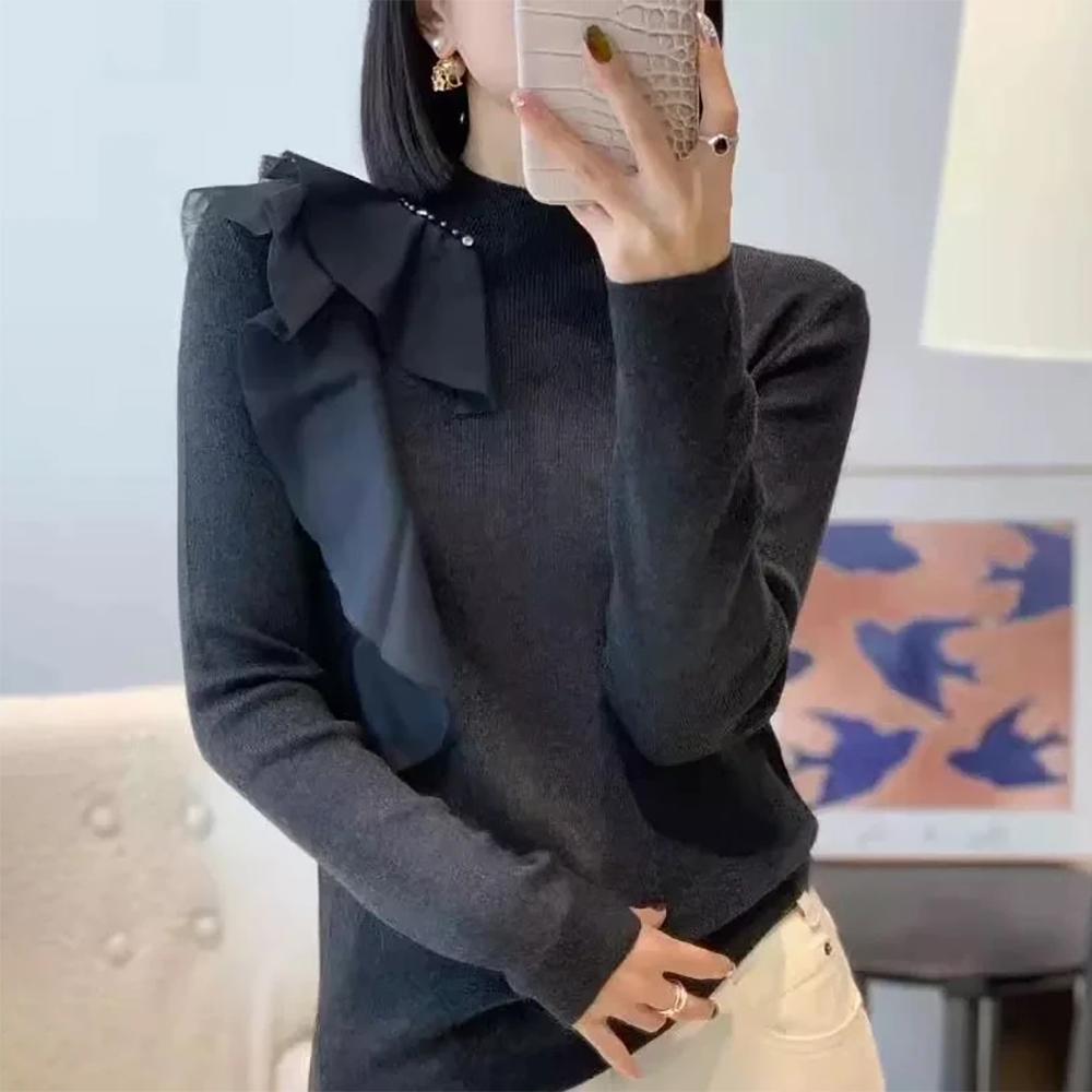 半高领灰色针织衫女2025秋冬高级感修身显瘦荷叶边内搭打底衫上衣