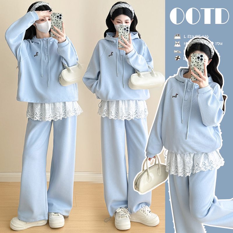 孕妇装蓝色连帽卫衣运动时尚套装休闲高级感减龄韩版孕妇两件套