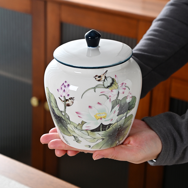 荷塘月色图案陶瓷茶叶罐复古高档密封储物通用茶罐