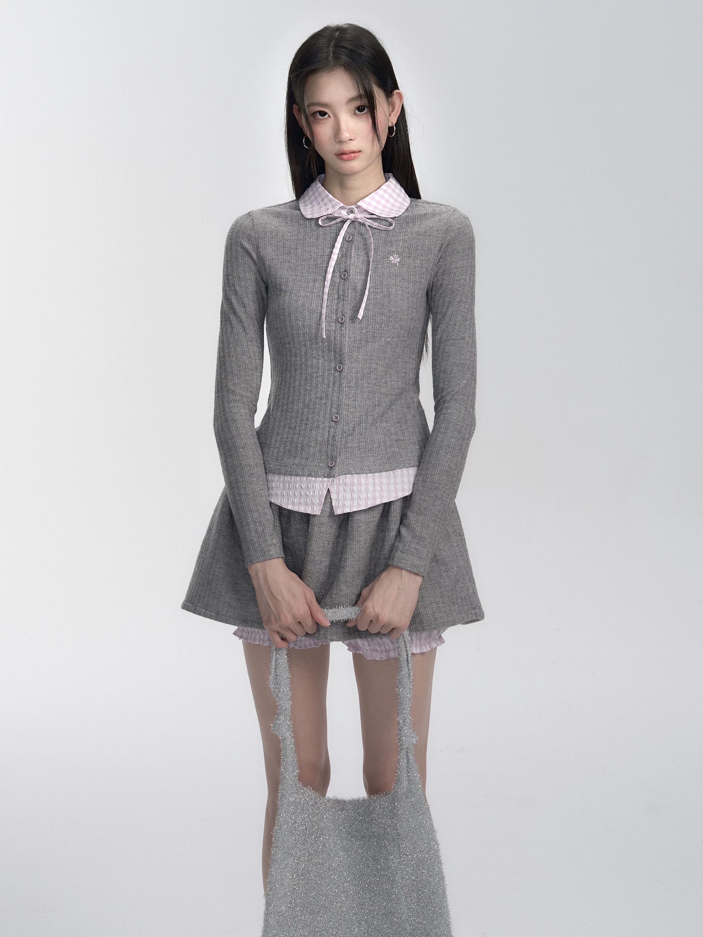 【Yumi】学院风·韩高转校生粉灰格假两件针织衫套装