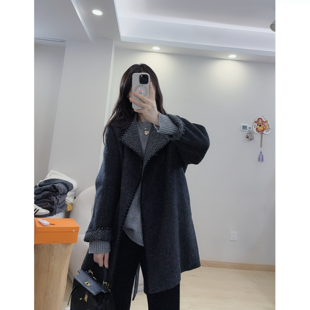 YY雾灰立领气质款时尚灰色中长款大衣外套2025新年款