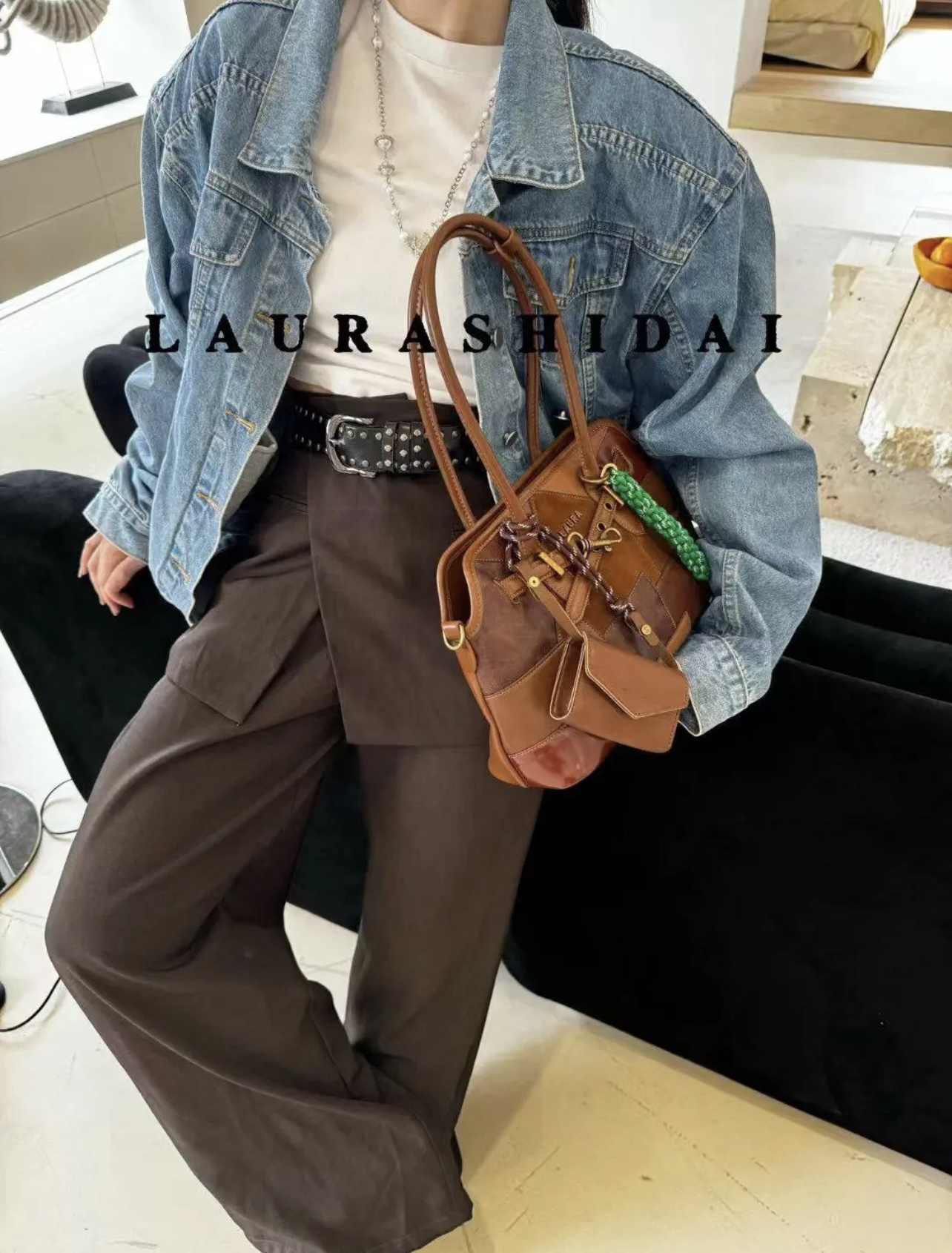 劳拉时黛新款复古拼接皮真皮单肩包斜挎包贝壳包大容量时尚小众包