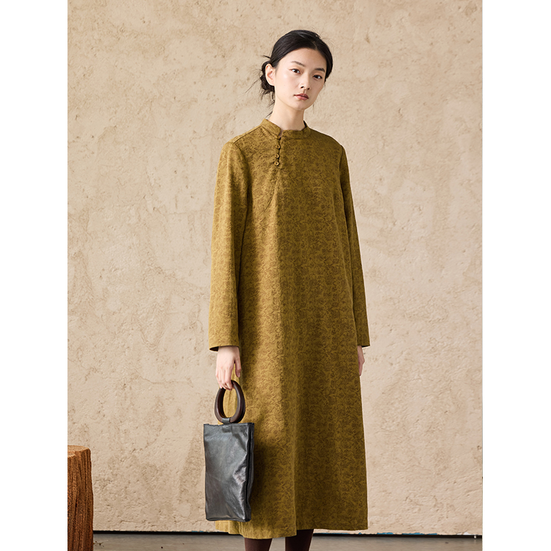 Q.TU新款连衣裙过年高级感穿搭4391长袖棉麻莱赛尔提花秋冬长裙