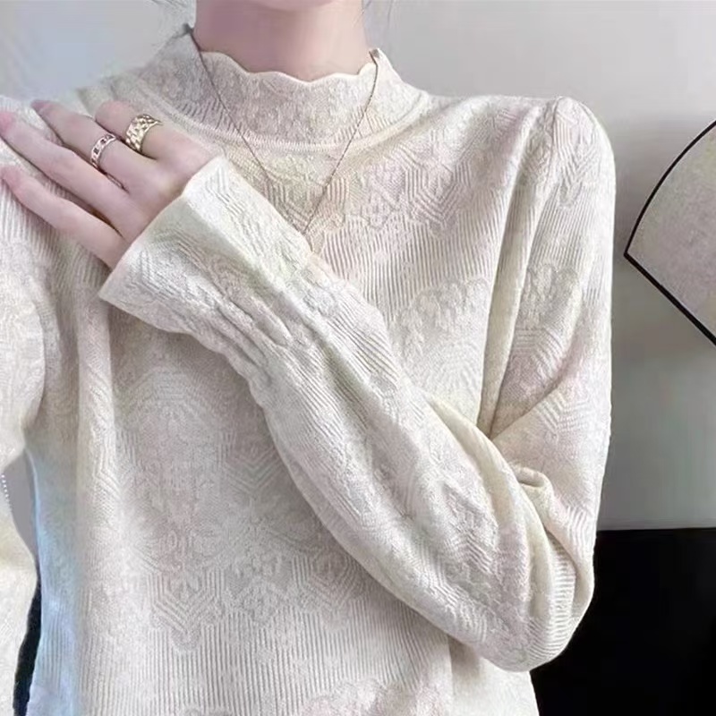 绵羊毛花瓣领~韩版慵懒风半高领提花针织打底衫秋冬时尚洋气内搭