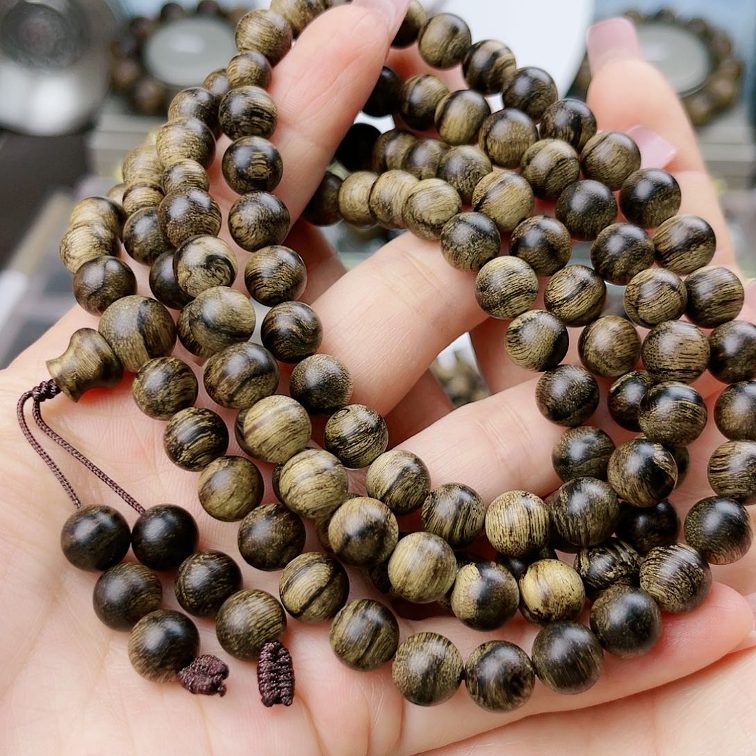 沉香手串水****区越南芽庄老白棋玉化老料满樱子瘤疤虎斑纹