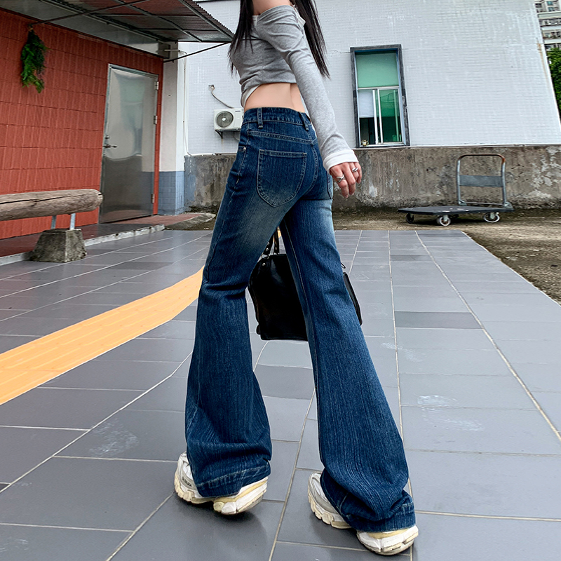弹力竹节面料2025秋季新款美式中低腰宽松不贴腿阔腿微喇牛仔裤女