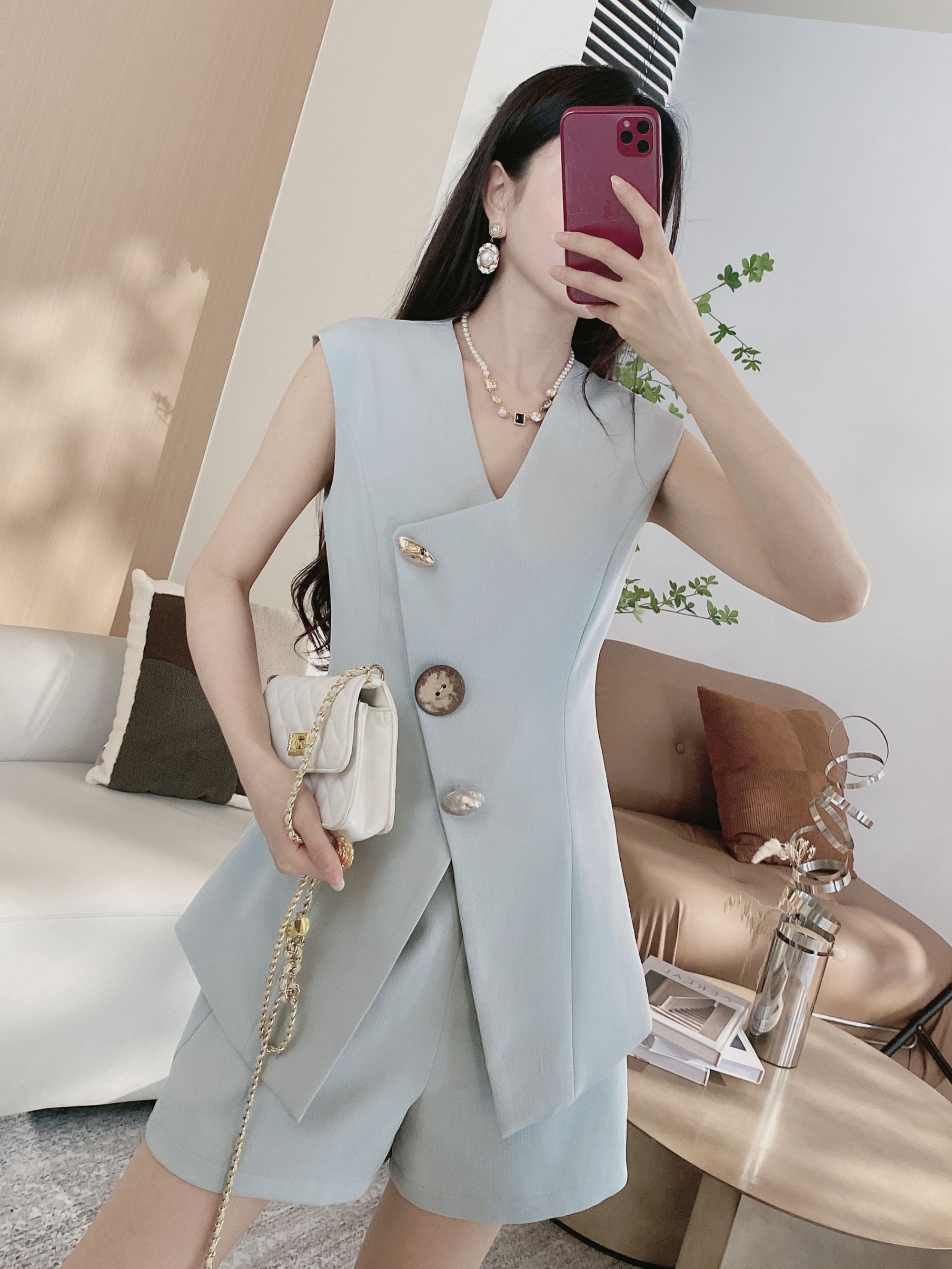 Y【橦颜】收腰大扣子分叉上衣+两侧松紧短裤两件套3892（2256）