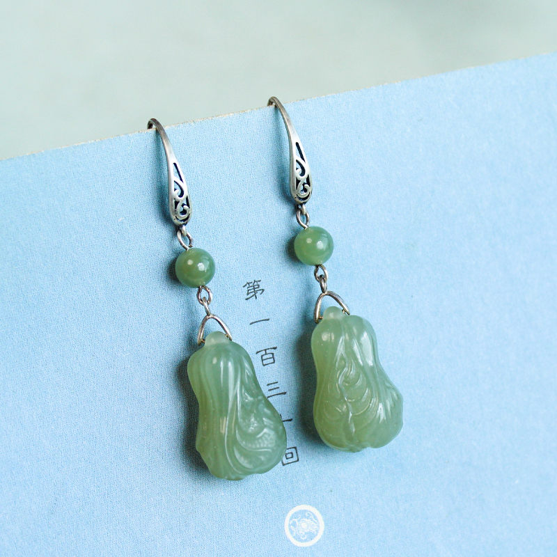 S925银和田玉晴水料白菜耳坠镂空耳钩玉耳环厚银玉耳饰811414