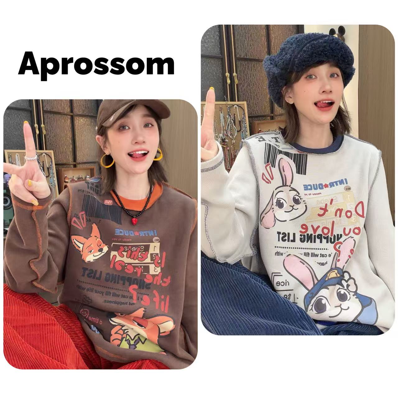 Apr.【狐狸兔子】冬季加绒加厚卡通数码印设计感潮流卫衣ST659-1