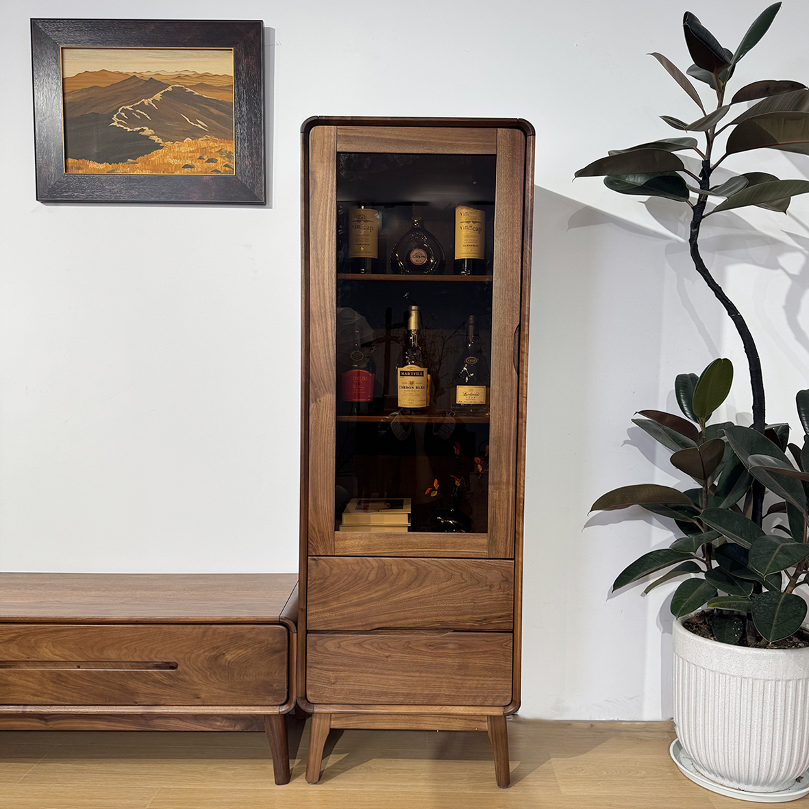 北美黑胡桃木酒柜客厅靠墙高柜储物柜现代简约书柜中古风电视边柜
