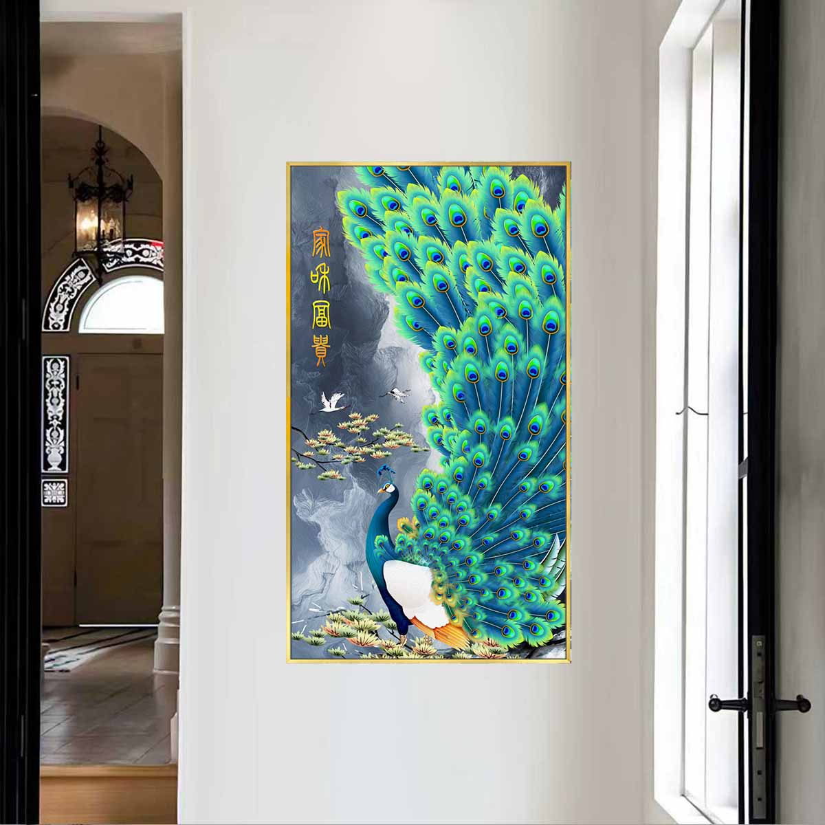 网红家居新中式孔雀开屏画入户玄关走廊客厅装饰画寓意美好D04