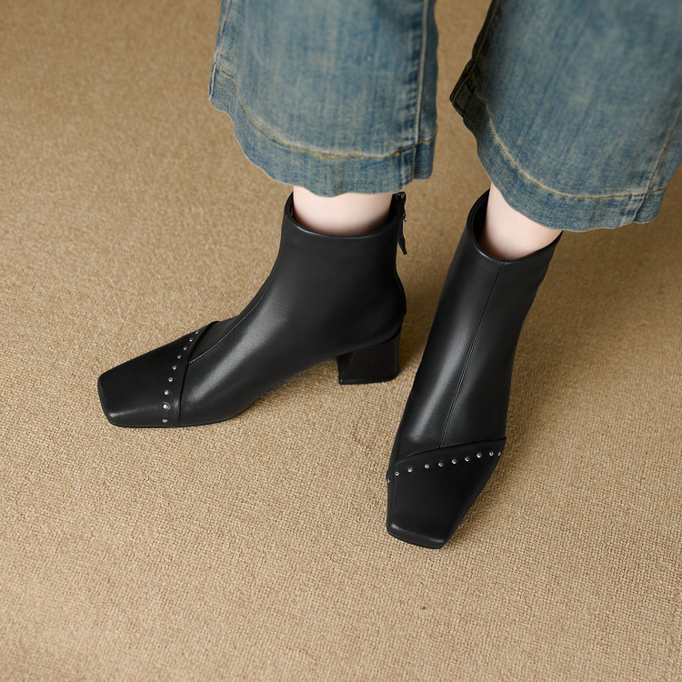 复古港风方头方跟女短靴黑色皮靴瘦瘦靴高跟WZ  AS0753081A