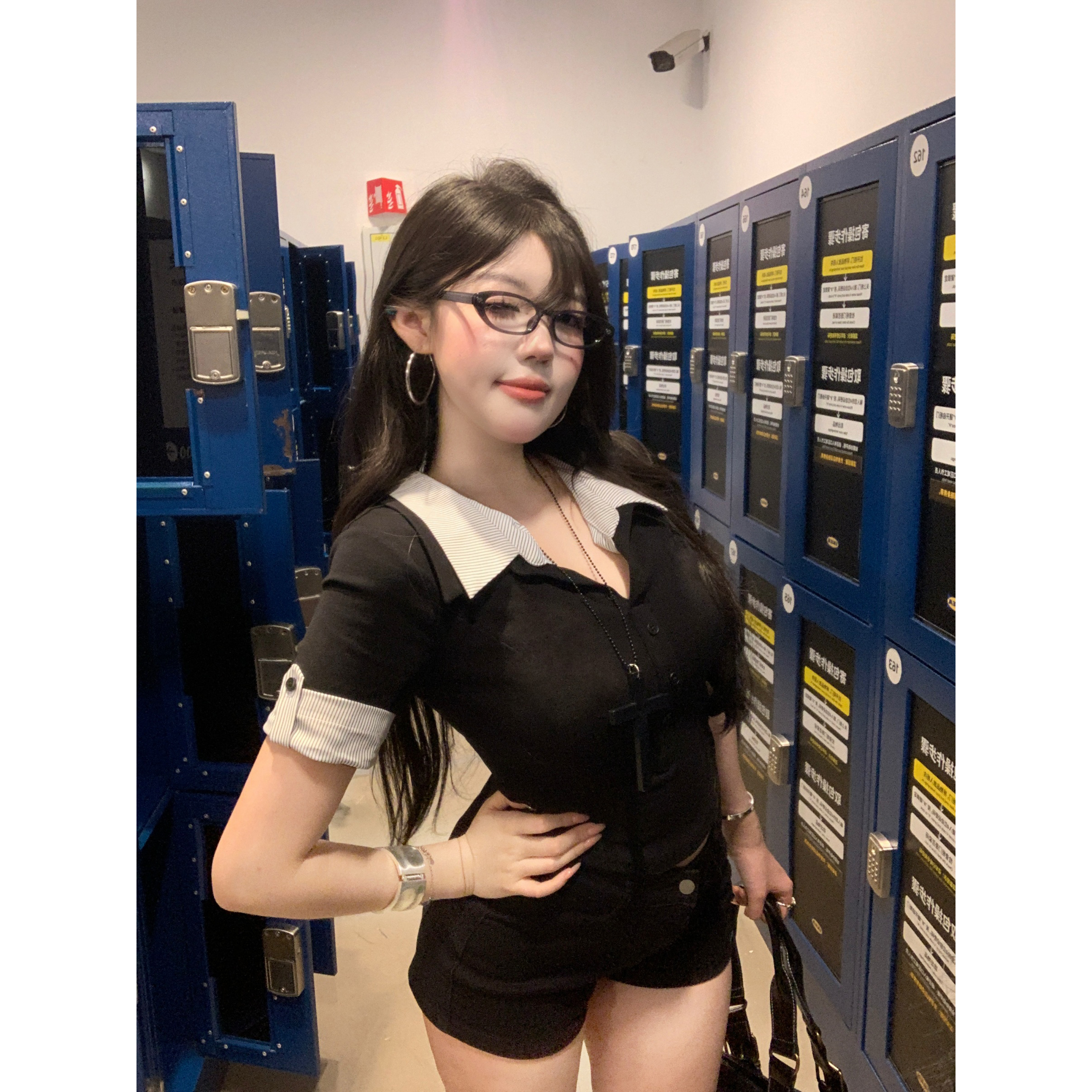 萌面侠辣姣【幕后玩家】美式辣妹polo领上衣女微胖修身显瘦T恤6144C