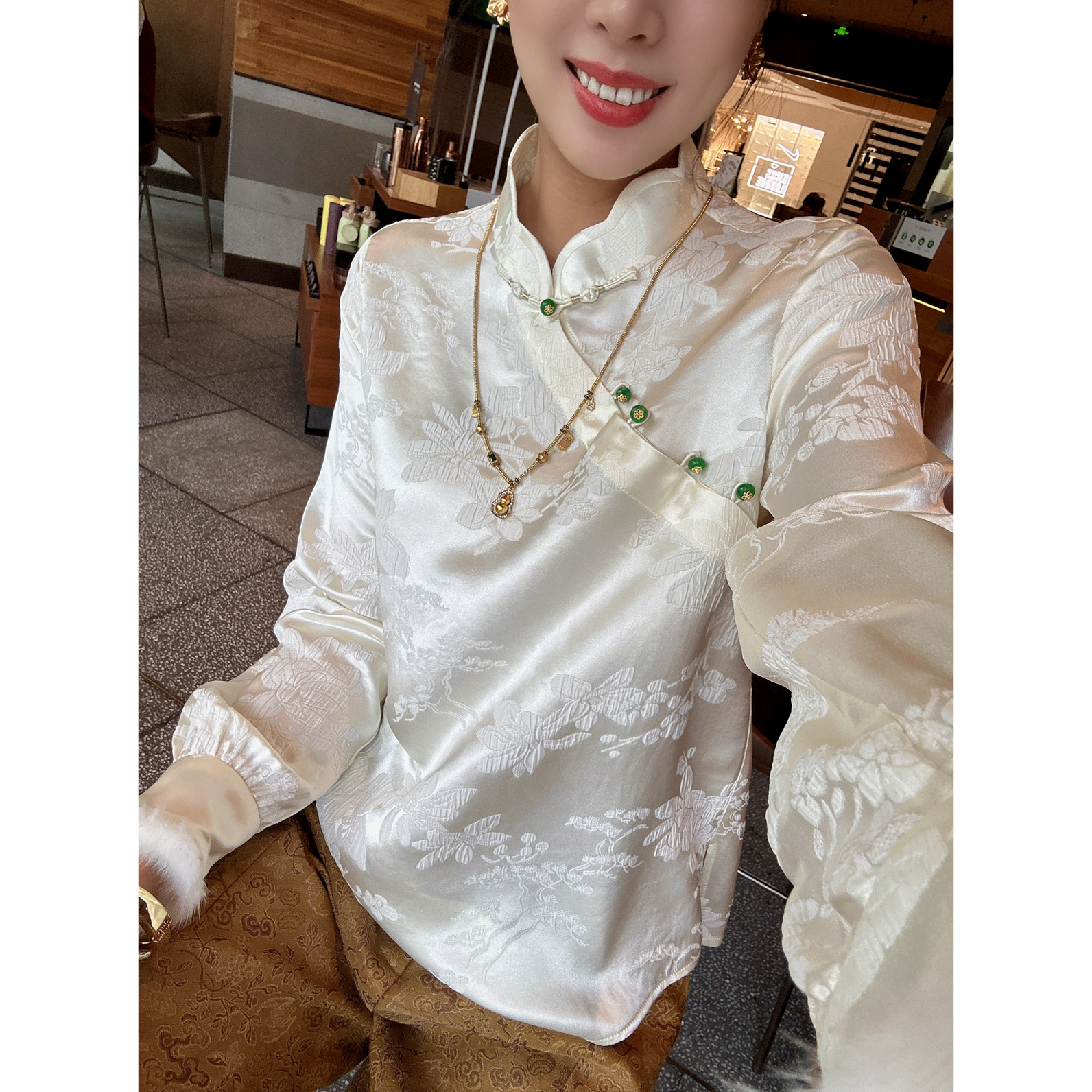 【深圳罗依】原创真丝衬衫女桑蚕丝冠乐绉提花中国风立领长袖上衣