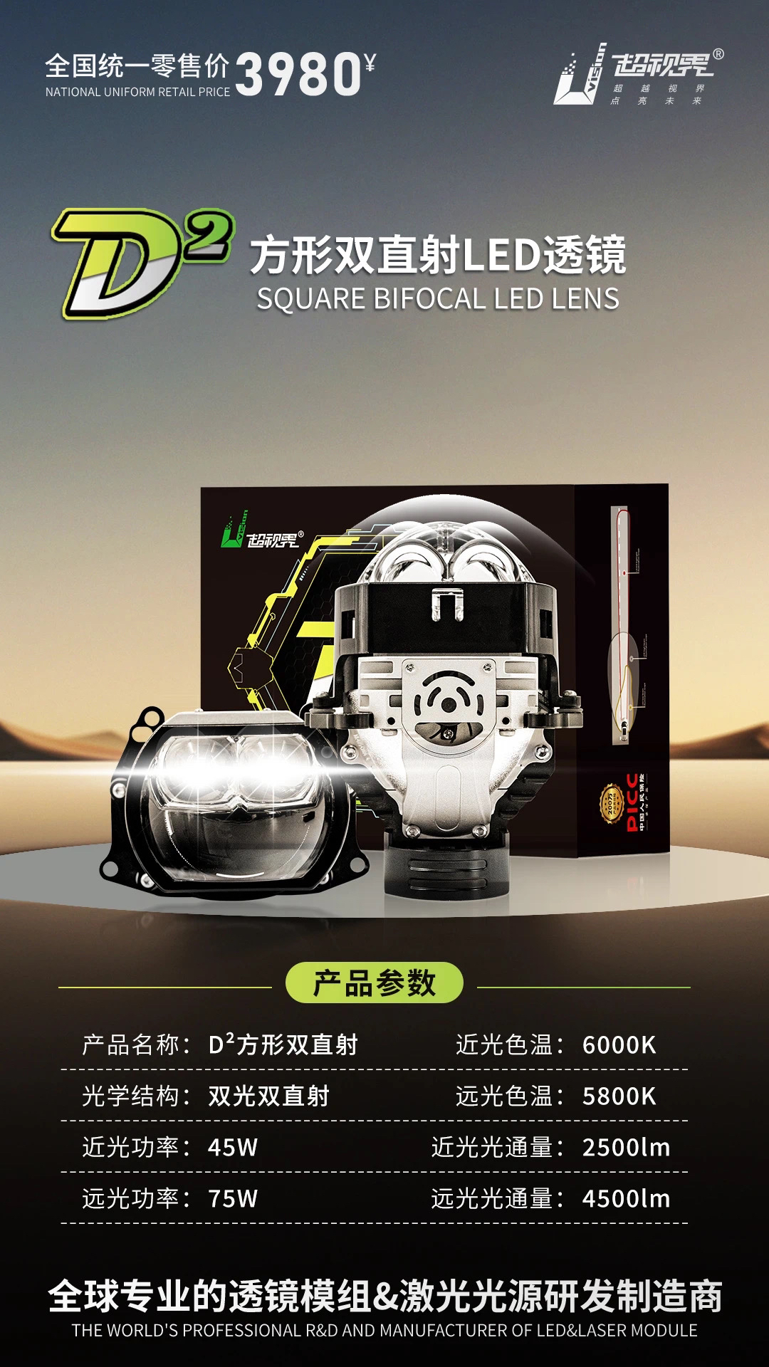 D平方方形双直射LED透镜车灯升级改装远近一体