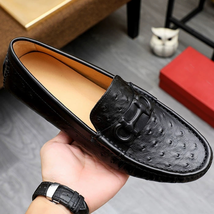 鸵鸟纹皮鞋牛皮男士夏季新款商务豆豆鞋休闲软底透气脚蹬真皮男鞋