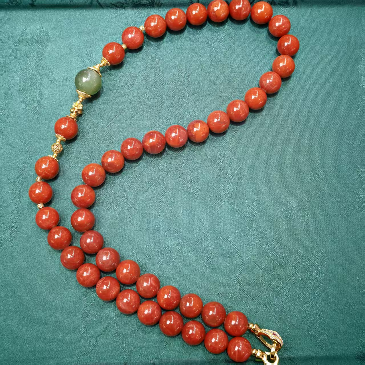 南红玛瑙圆珠福包S925银镀金项链妈妈链