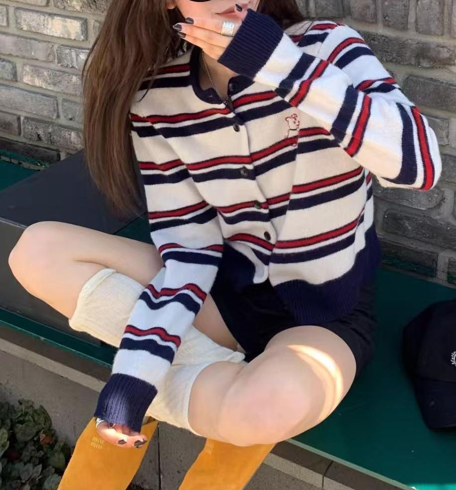 【可爱修狗】撞色条纹针织衫宽松显瘦开衫毛衣外套女春季长袖上衣