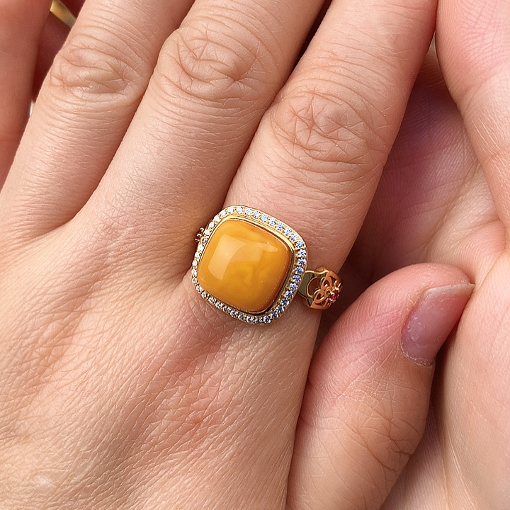 蜜蜡戒指银S925镶嵌戒指