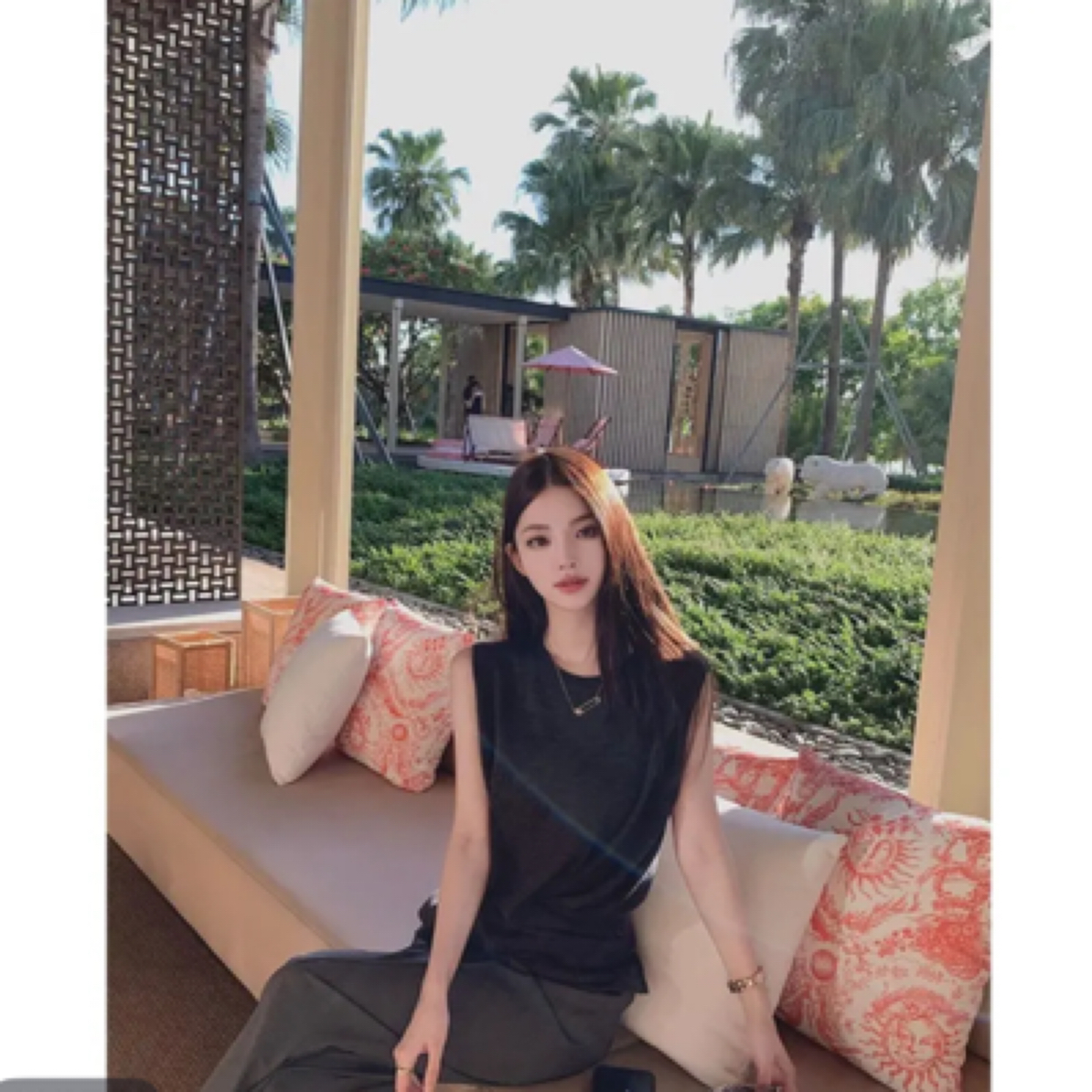 拼接小众极简风时尚套装复古气质休闲风无袖修身黑色夏季法式