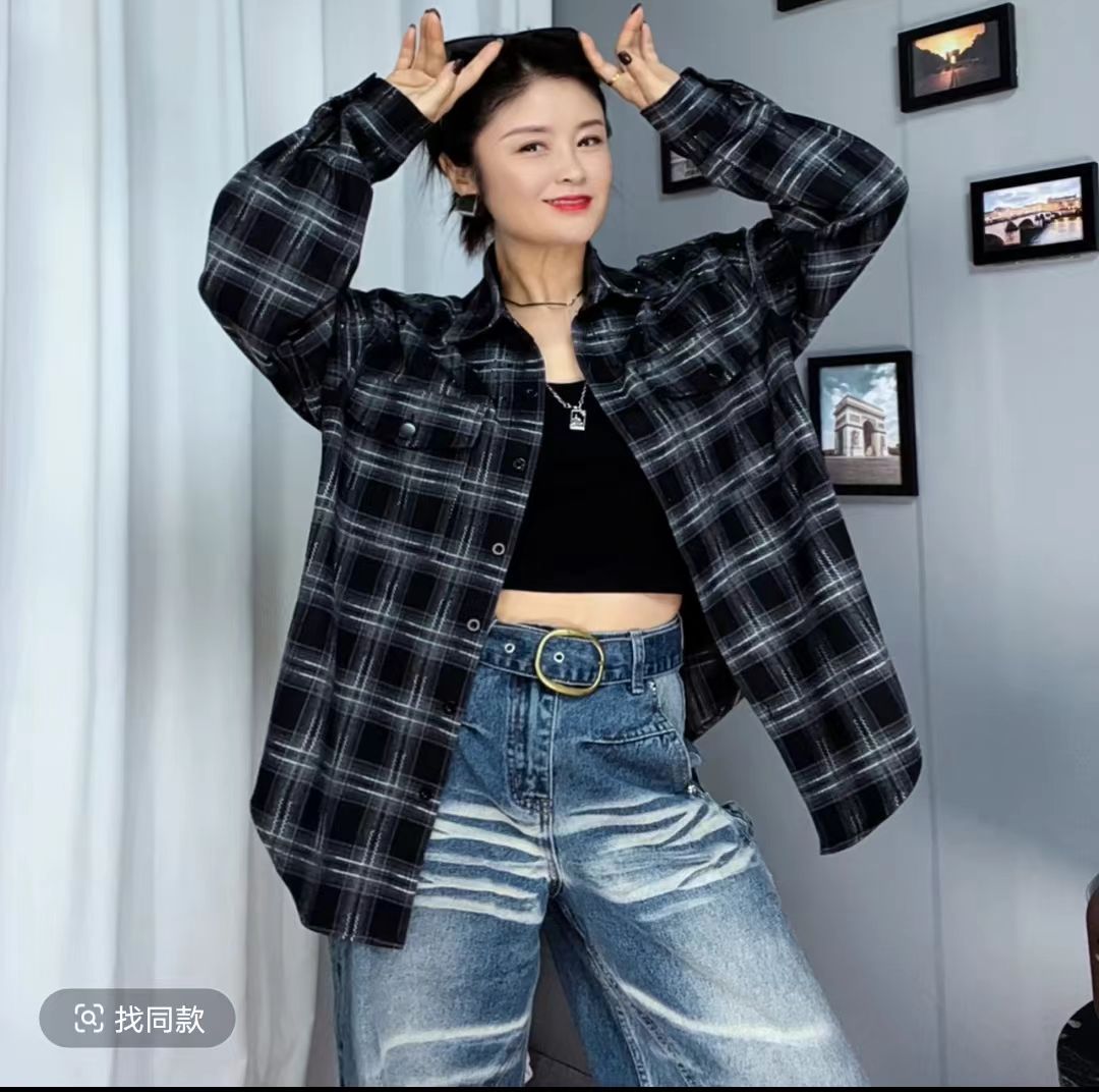 秋冬新款【8955款磨毛衬衣】格子长袖宽松休闲烫钻时尚潮流衬衣男女