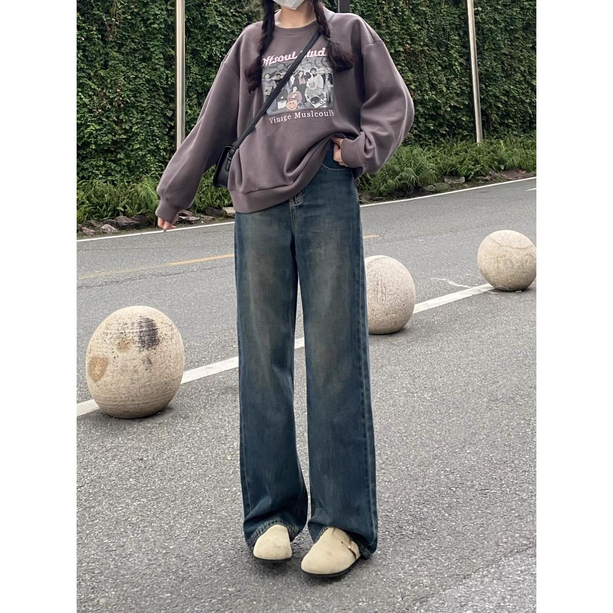 【明星同款】窄板阔腿牛仔裤女冬季厚绒大码梨形身材高腰显瘦百搭直