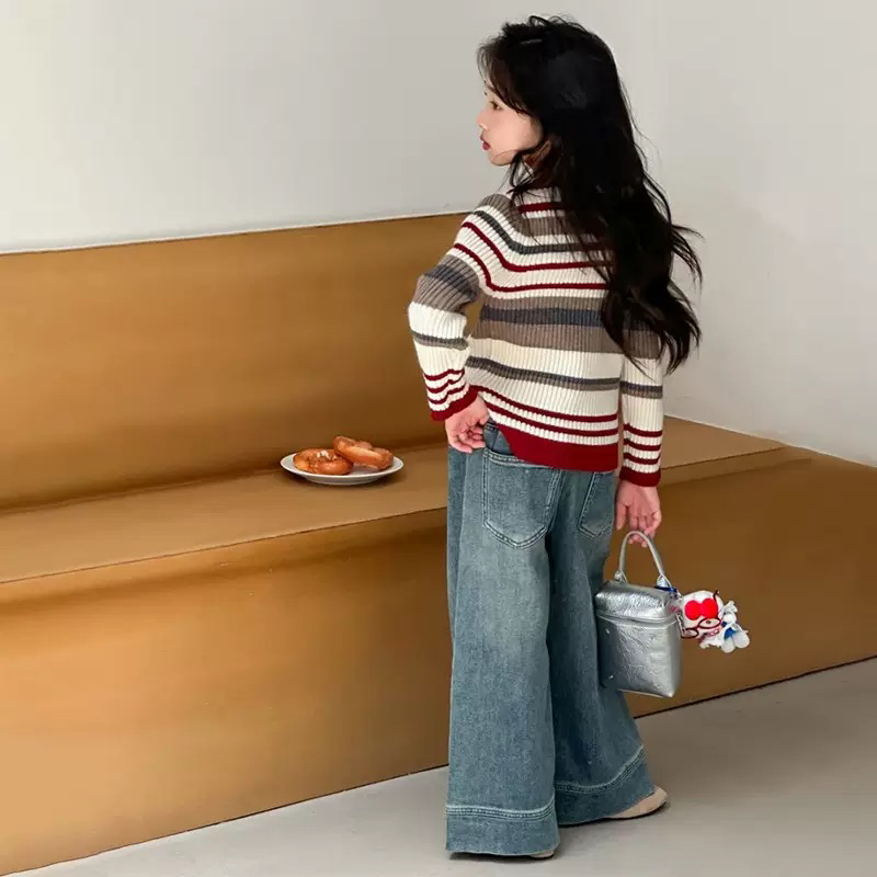 韩版条纹女洋气女童女童韩系毛衣套装阔腿单排扣秋季
