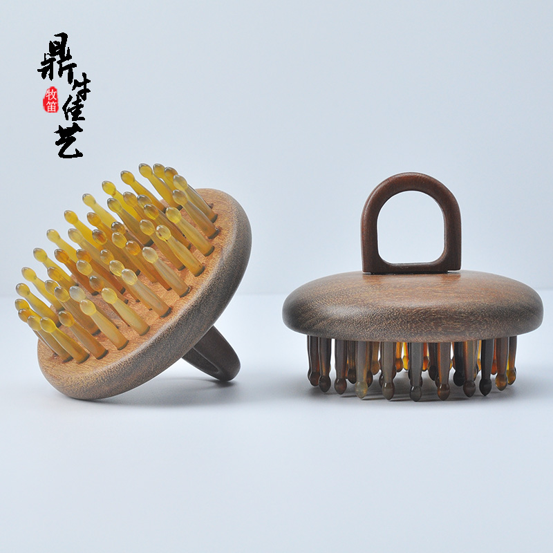 天然白牛角金丝檀木指环梳头部身体经络按摩梳防静电家用