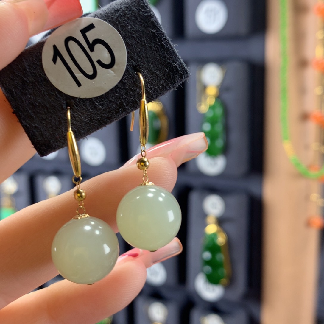 和田玉耳饰18K金镶嵌清