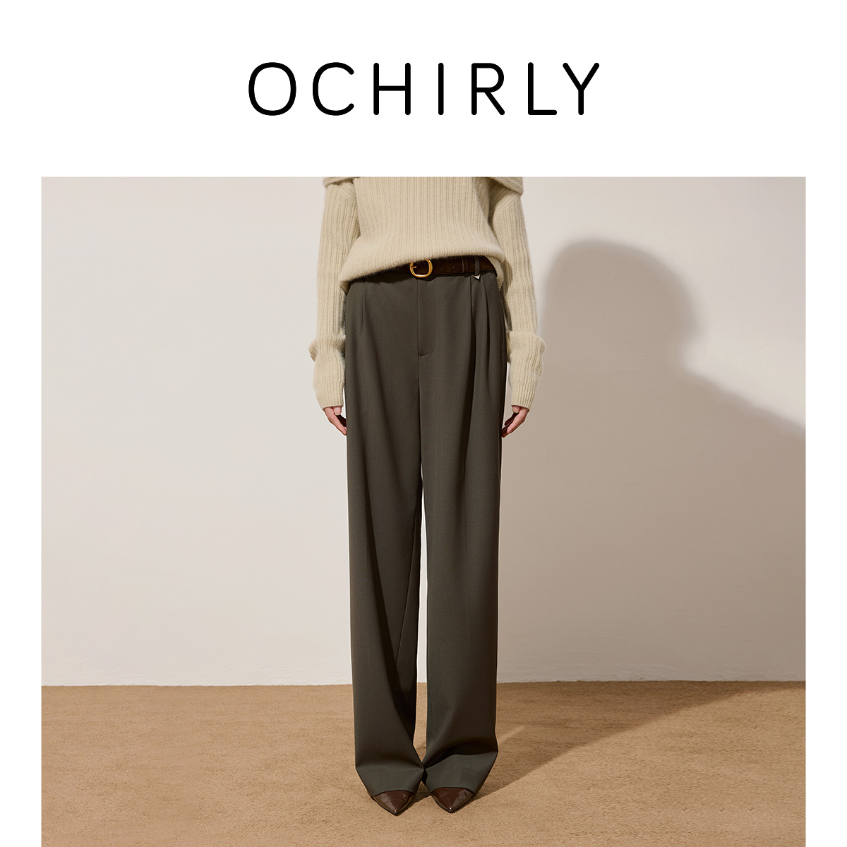 ochirly欧时力 绵羊毛精纺呢西装长裤女直筒阔腿通勤春秋
