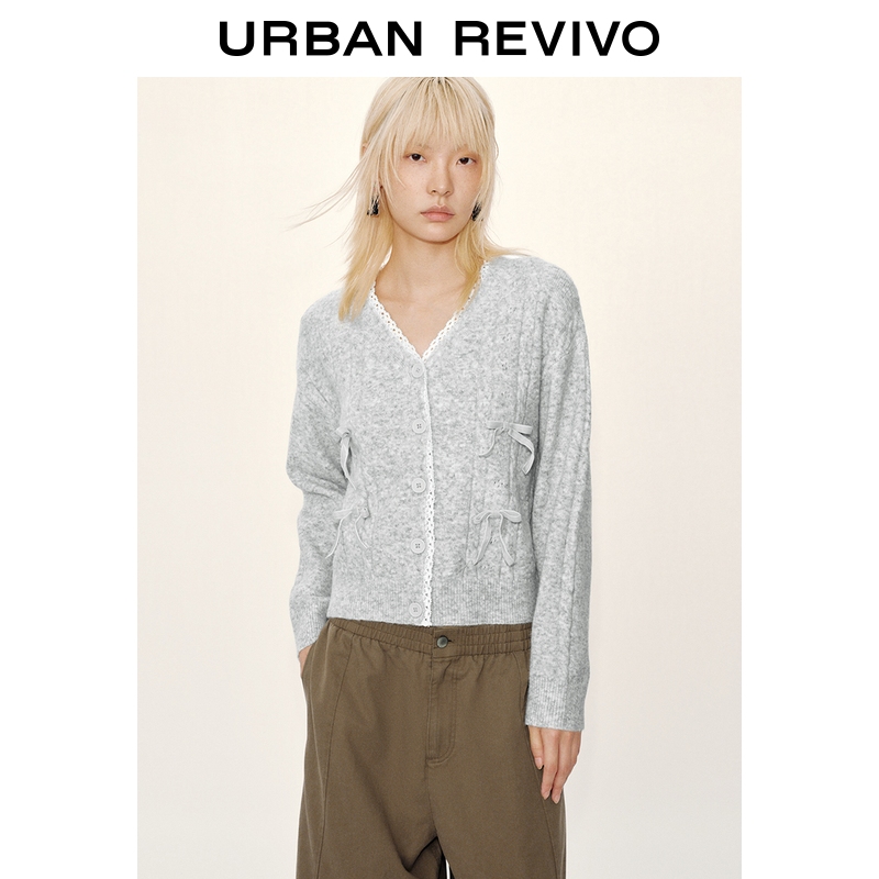 UR2025冬季新款女装拼接蕾丝蝴蝶结饰针织开衫UYY950144