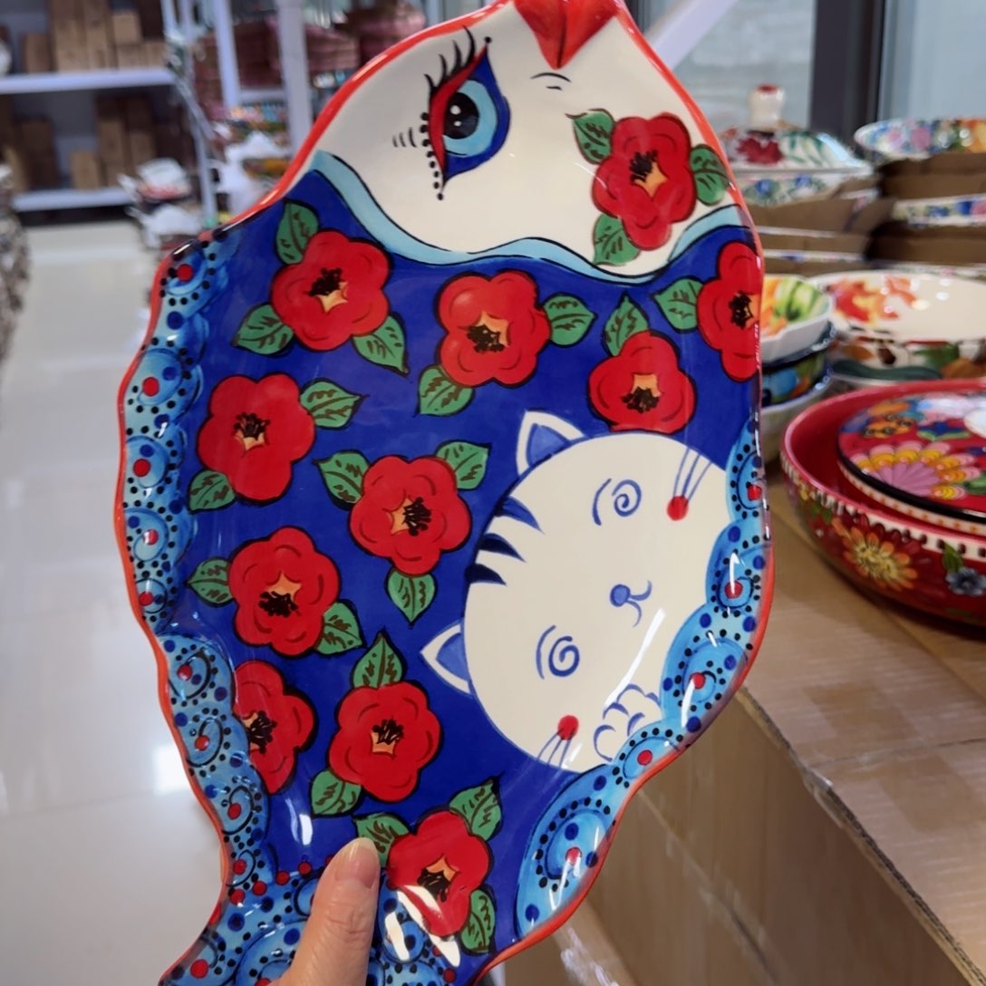 陶瓷14英寸猫鱼盘一只看图