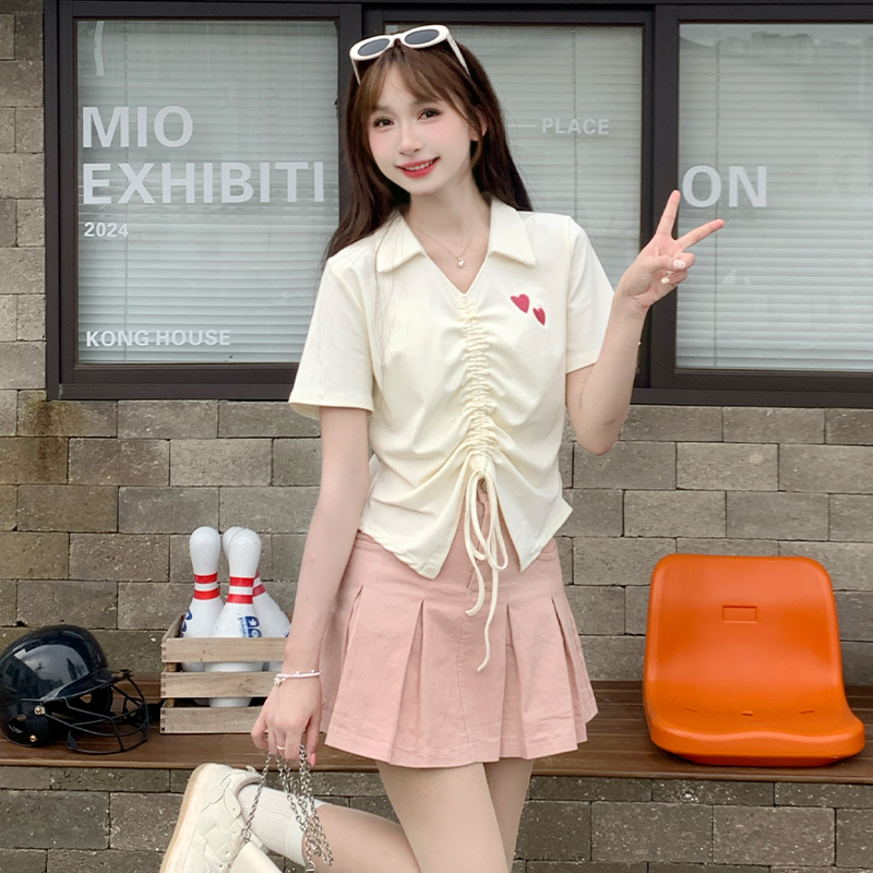 慕兔韩系甜辣妹V领短袖针织衫女2024夏季新款设计感小众短款上衣