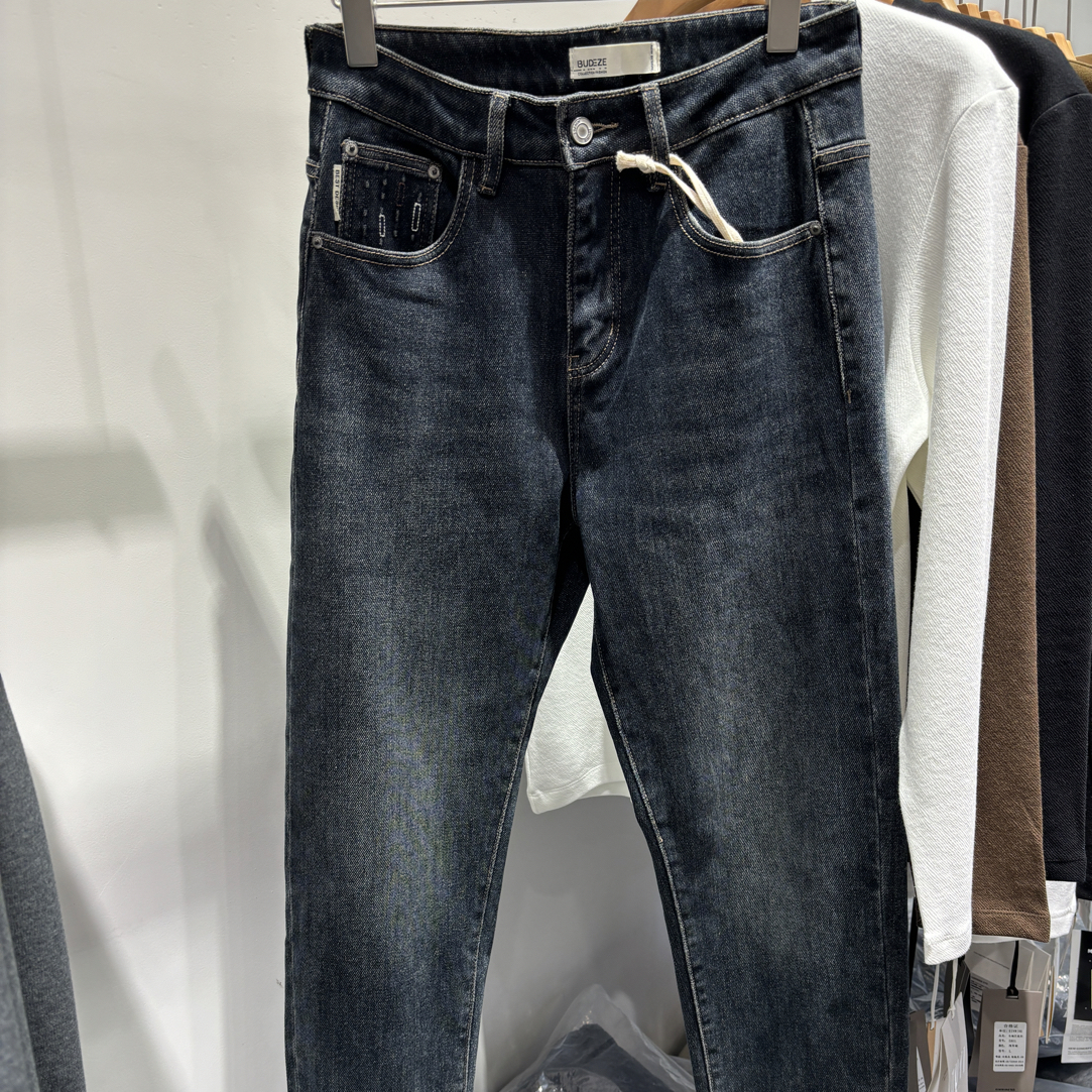 男士经典水洗深蓝色加绒加厚微宽松锥形小脚牛仔长裤6068