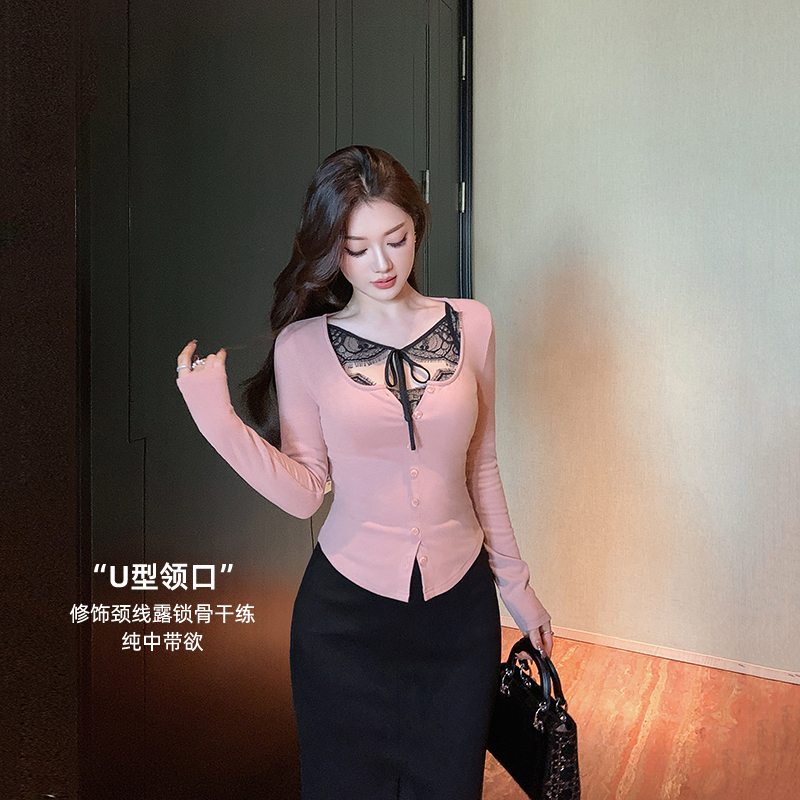 林关关【霓裳爱恋】纯欲U领修身针织衫上衣女