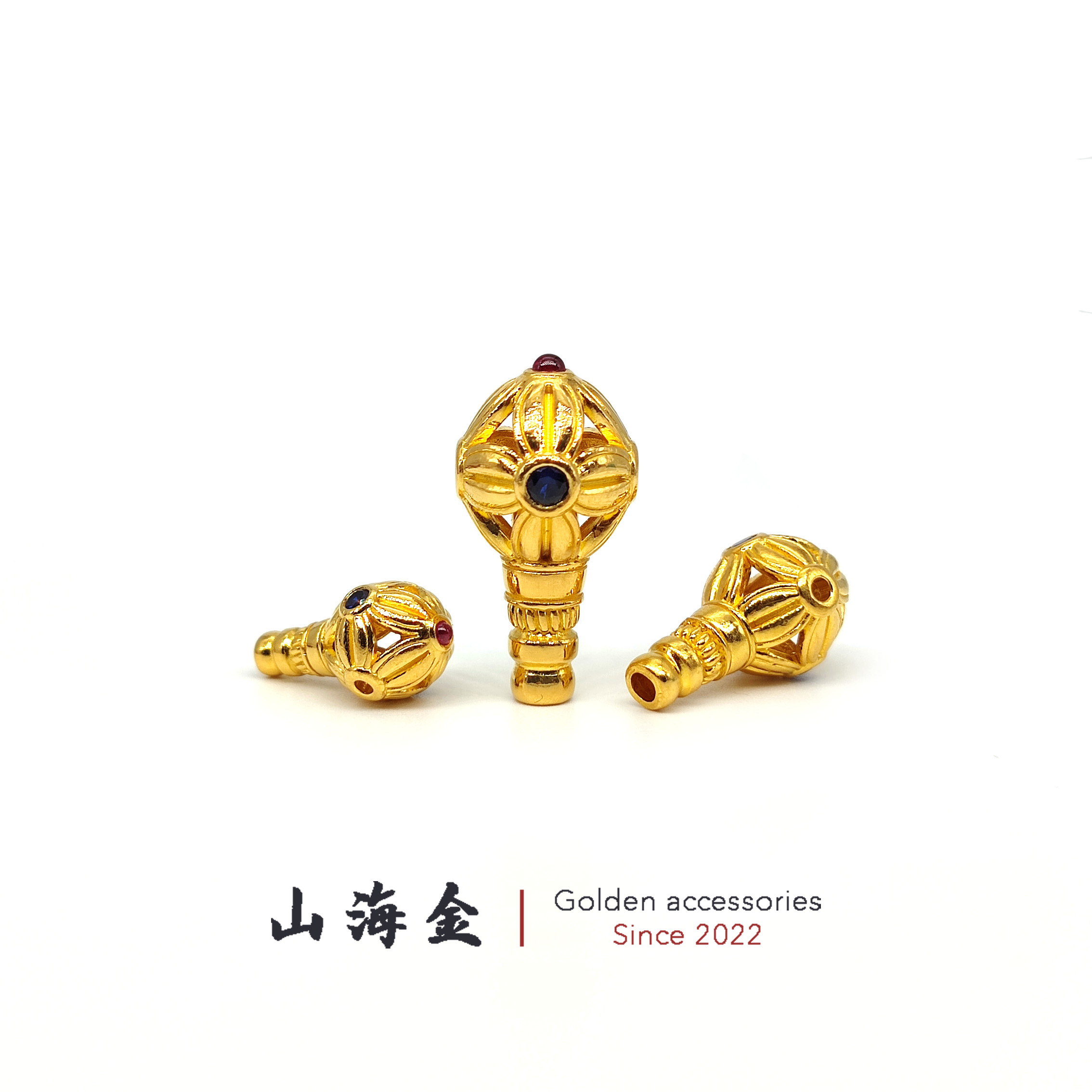 山海金 24K纯黄金999足金莲相三通佛头文玩手串菩提凤眼佛珠配饰