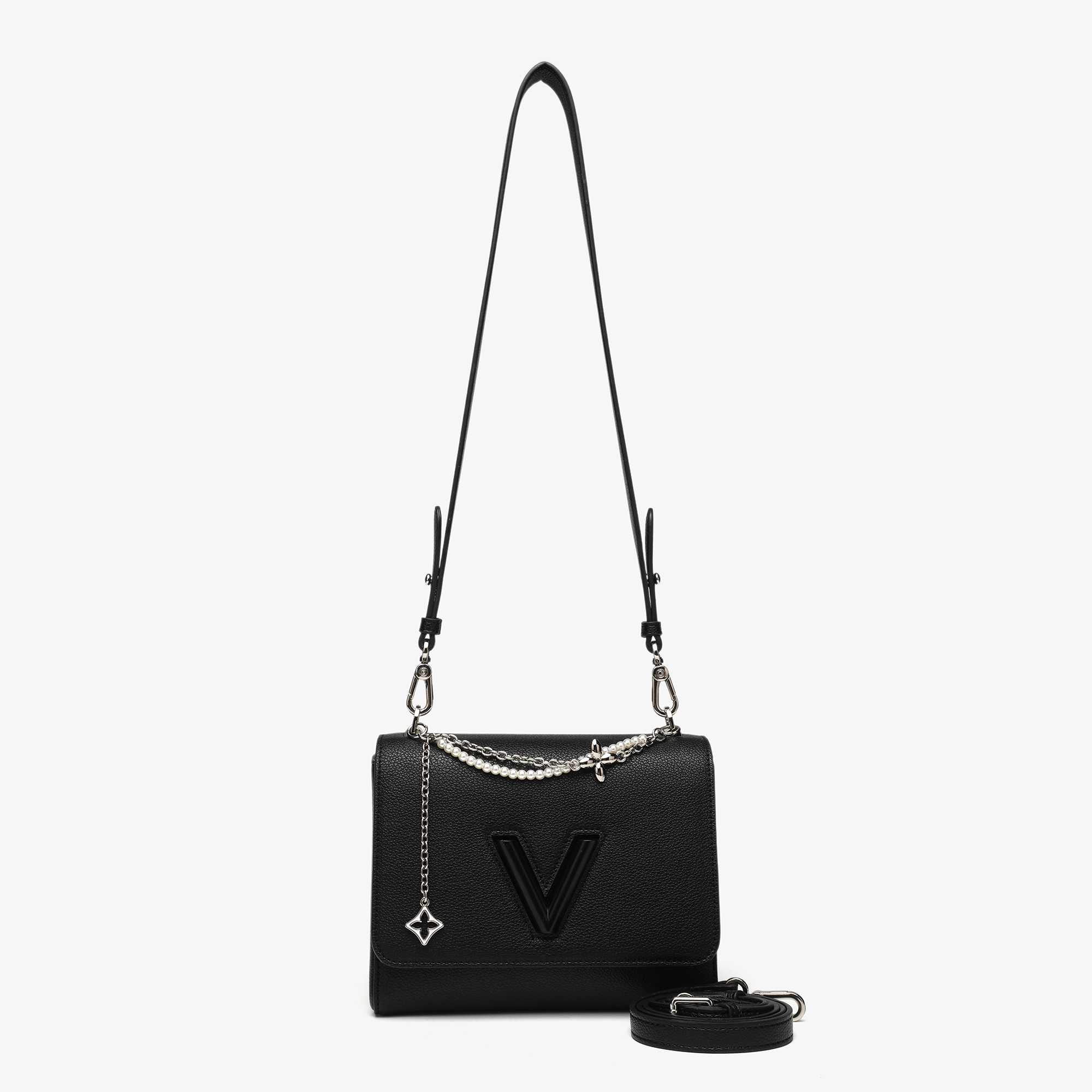 COVERAL KLORS卡尔蔻斯时尚百搭珍珠饰链小方包经典黑色单肩肩包