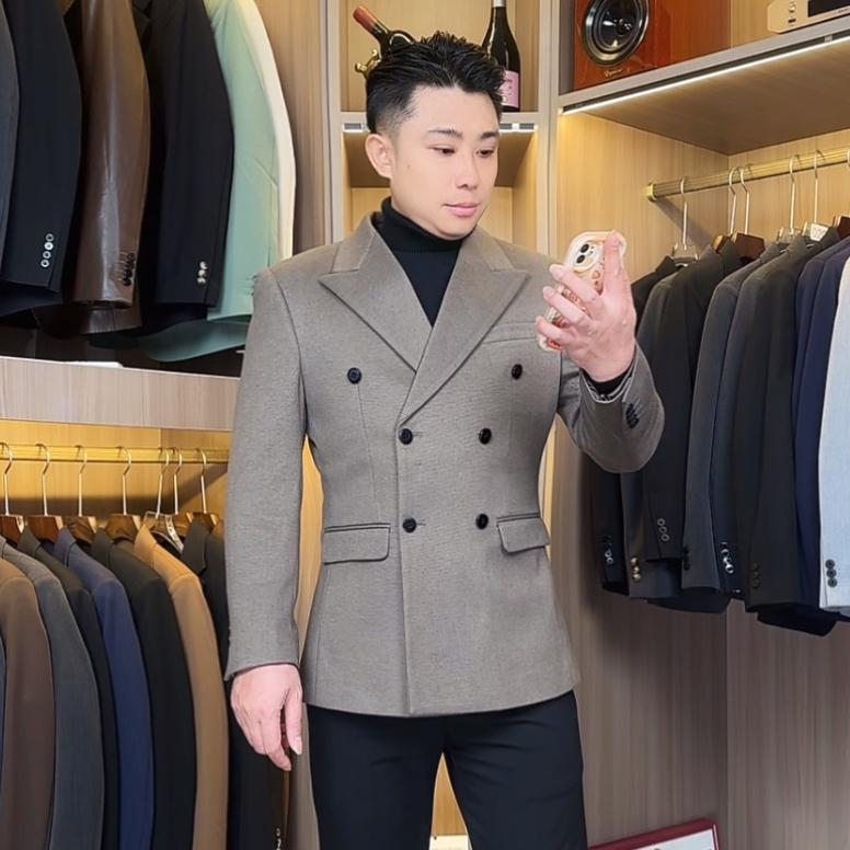 （加厚款）男士戗驳领双排扣星空呢西装秋冬商务修身休闲西服外套