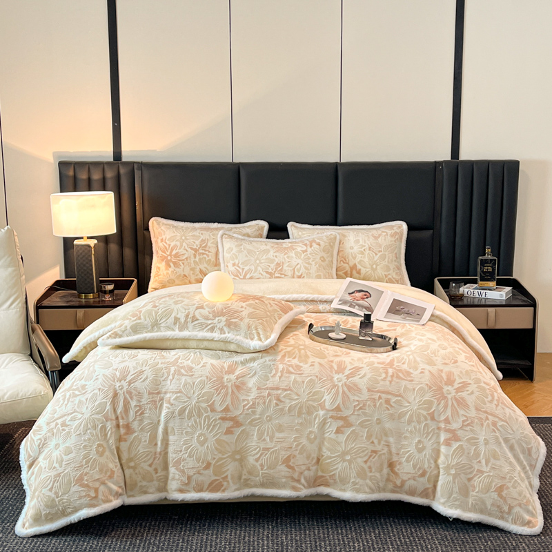 秋冬新款梵花立体烂花牛奶绒四件套高克重加厚绒保暖精雕花绒加绒