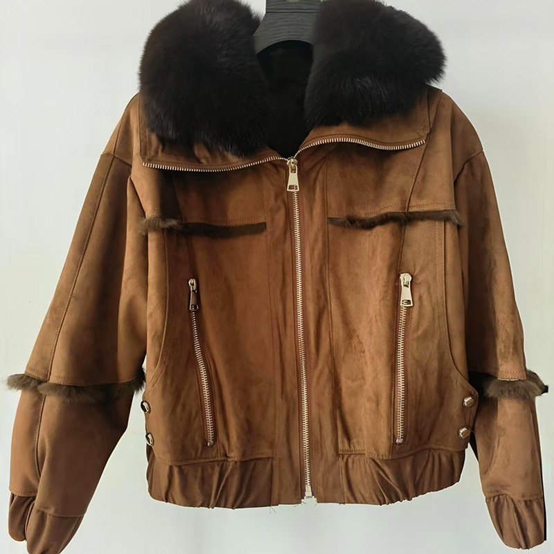 2025短款街头风时尚狐狸毛领可拆卸皮毛一体休闲百搭